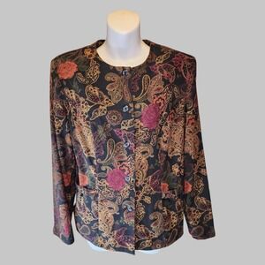 Notations Women Size M Black Brown Paisley Print Button Front Blazer Jacket